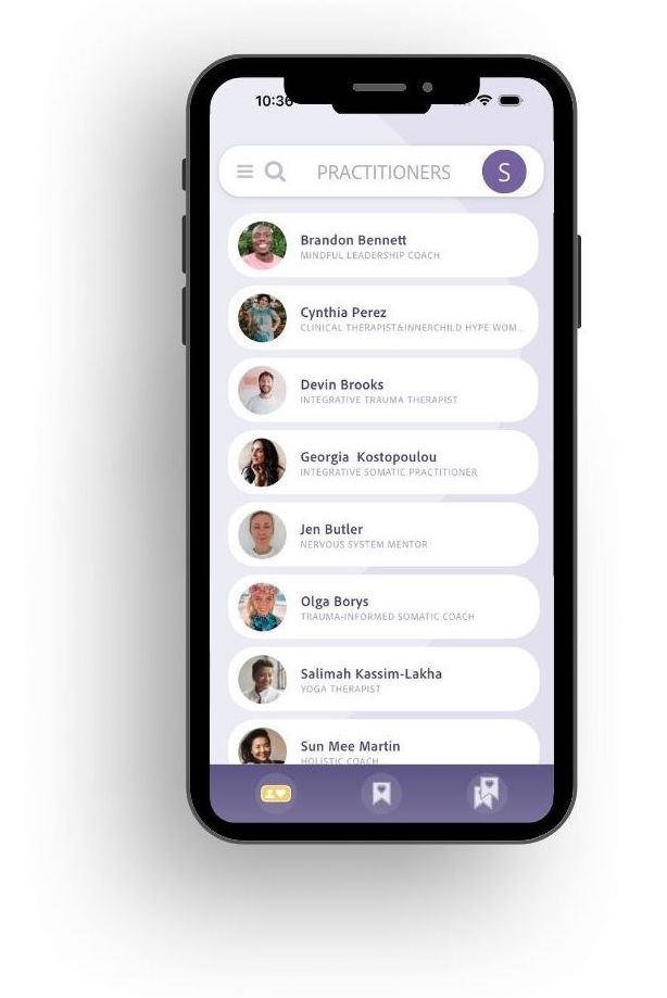 list of somatic practitioners on the SomaShare app (phone view)