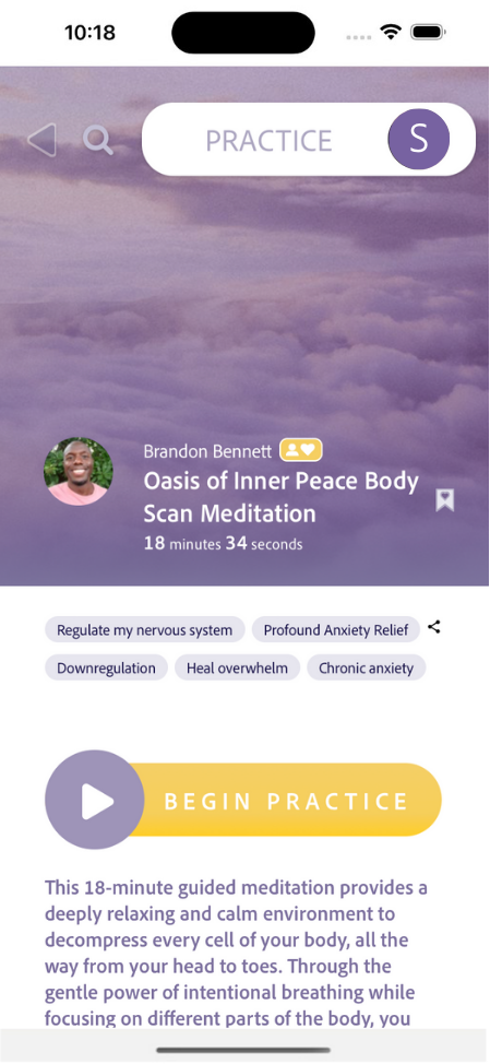 somashare app on a mobile phone (somatic practice page)