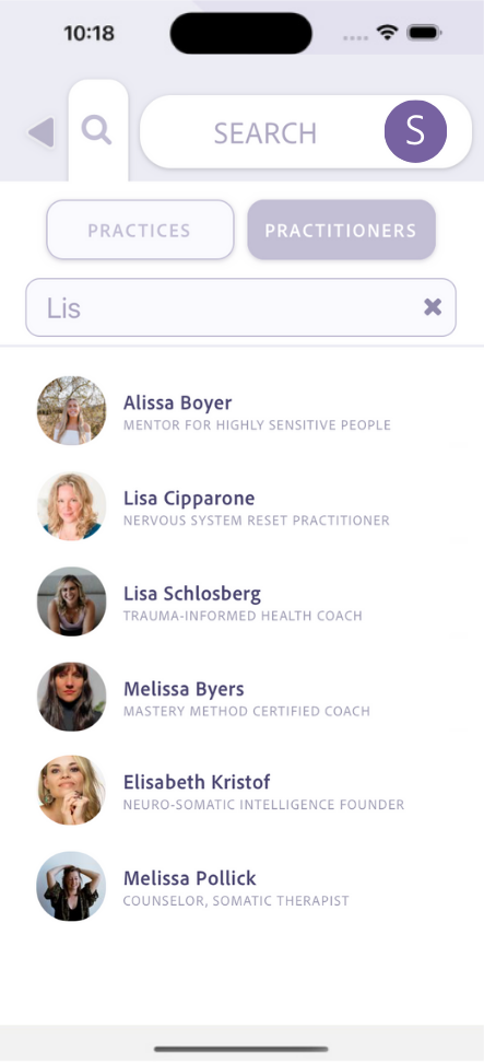 somashare app on a mobile phone (somatic practitioners search results)