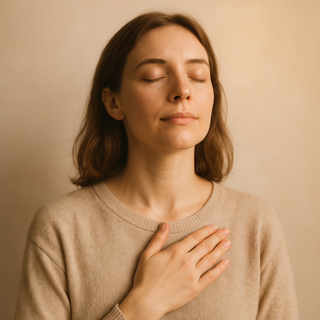serene person with closed eyes, hand on heart, soft light symbolizing reconnection serene-person-with-closed-eyes-hand-on-heart-soft-light-symbolizing-reconnection